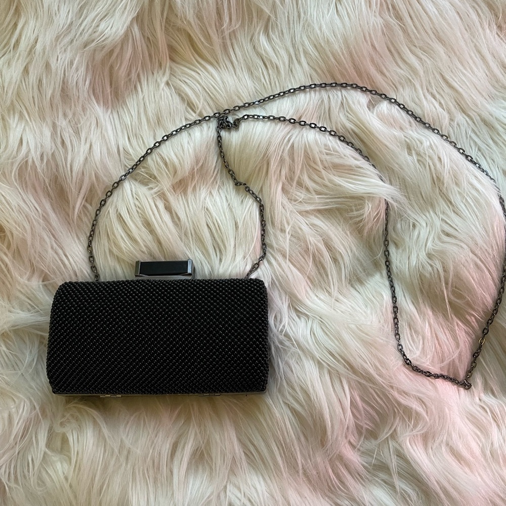 Jessica McClintock Black Beaded Clutch with Gunmetal Strap